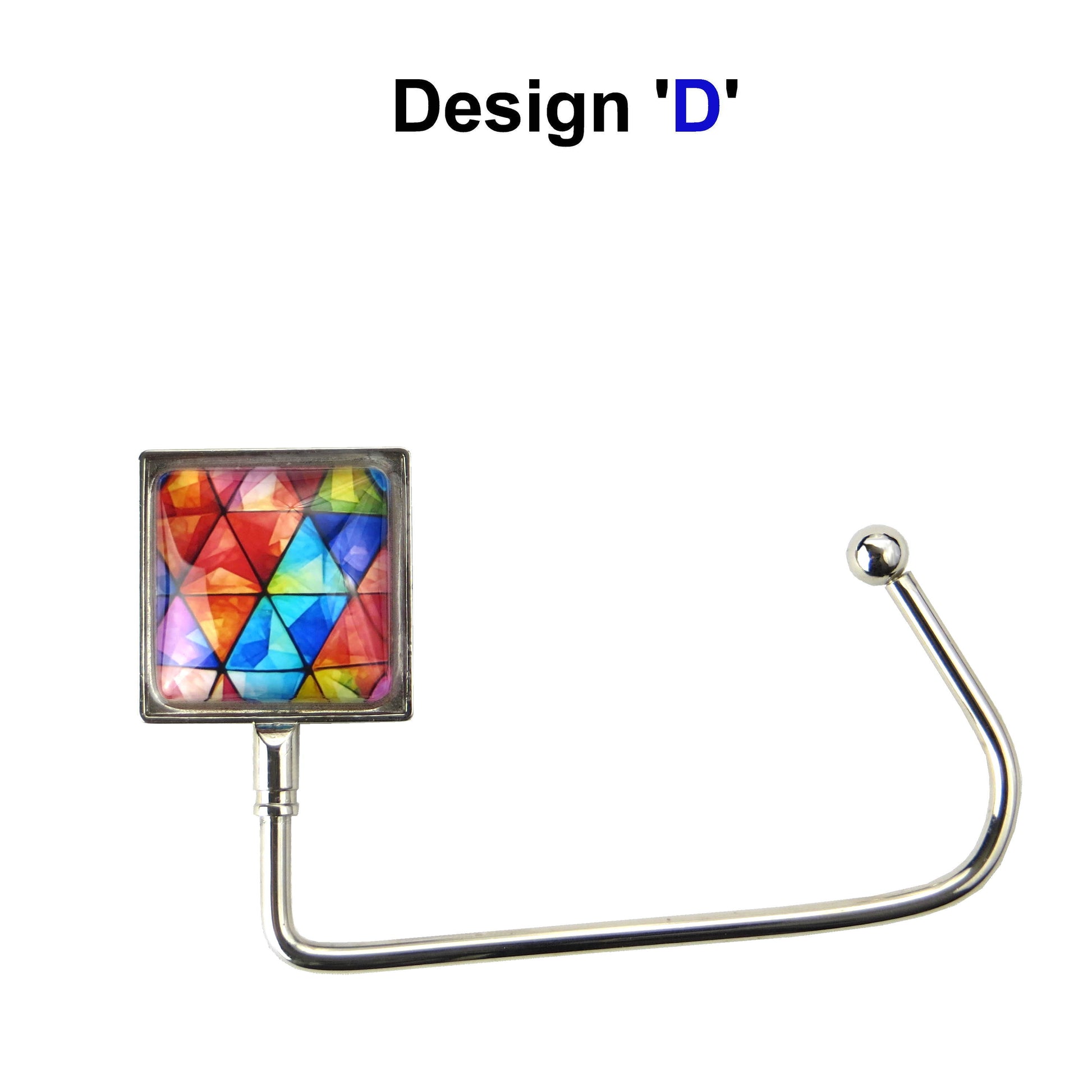 Handbag hook with a glass domed blue, red, and orange jewel style image