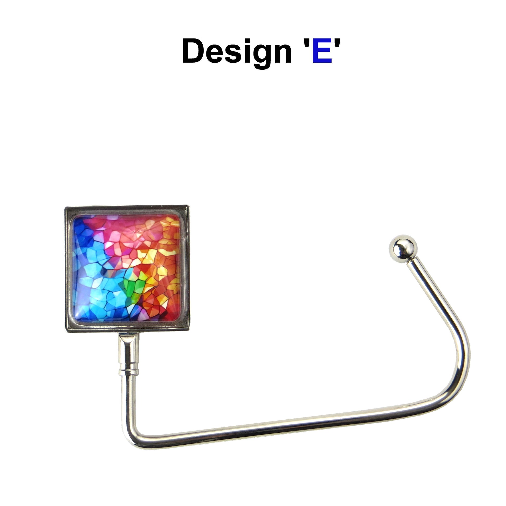 Handbag hook with a glass domed blue, pink, and yellow mosaic style image