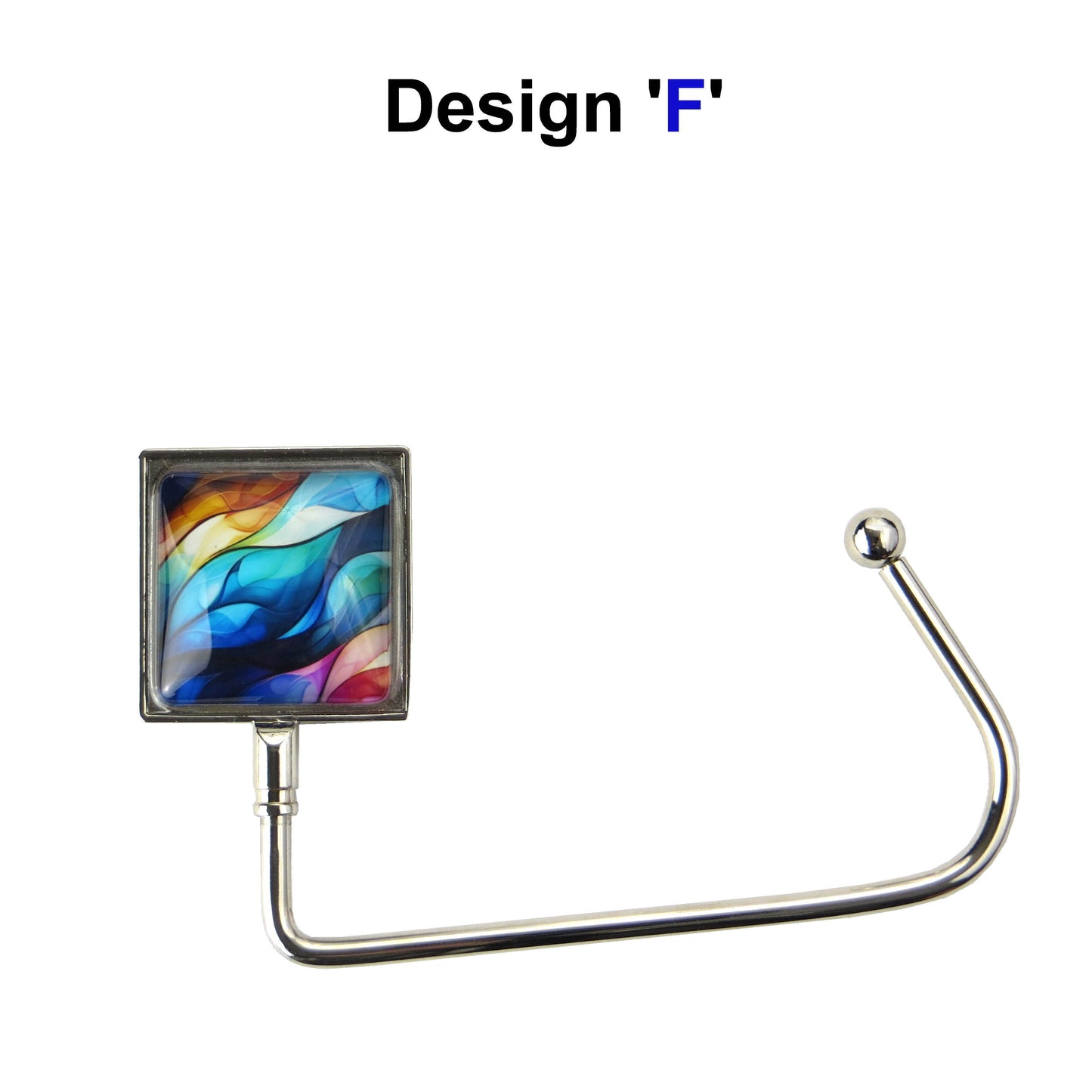 Handbag hook with a glass domed blue, pink, and yellow waves style image