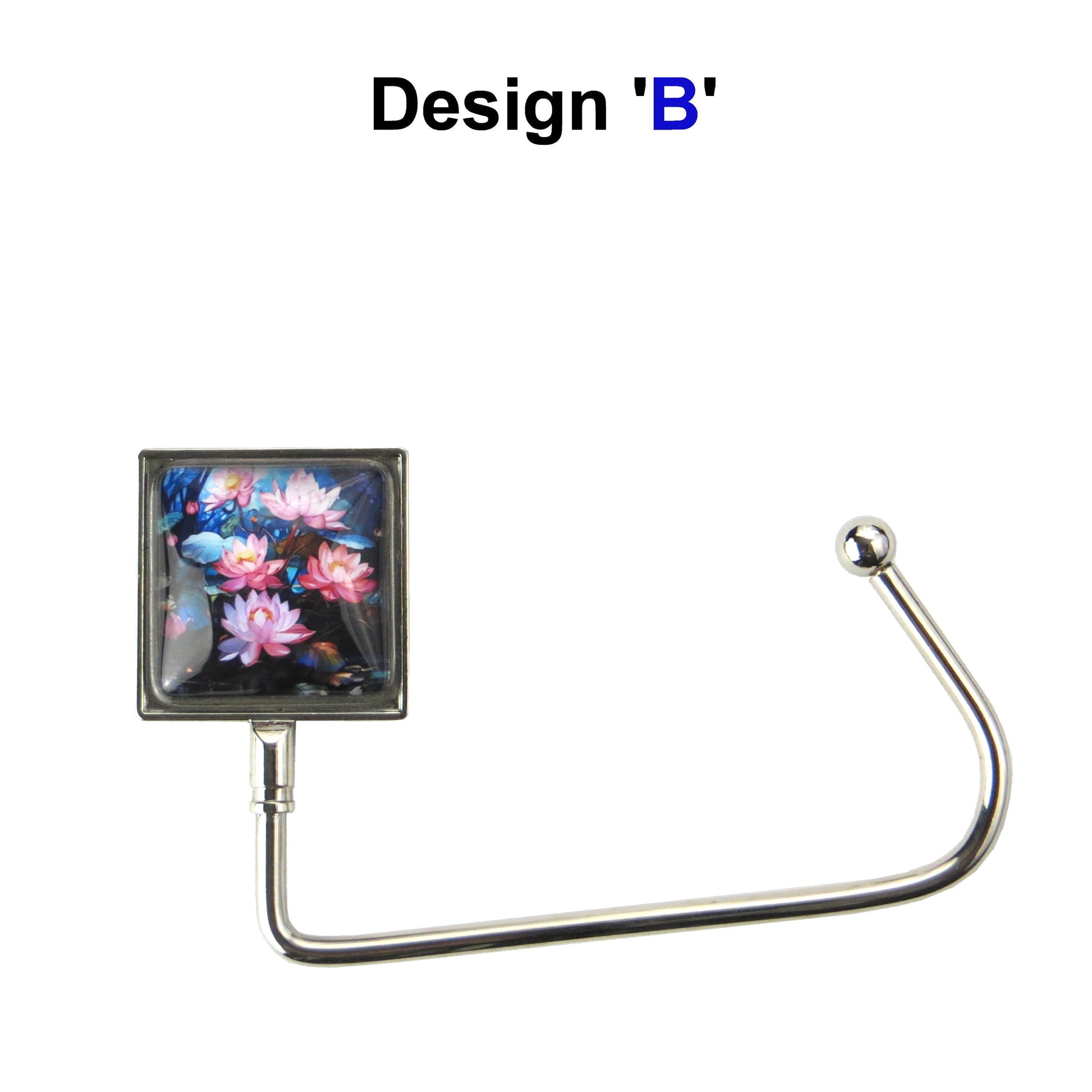 Handbag hook with glass domed image for hanging accessories on tables, ledges, and shelves
