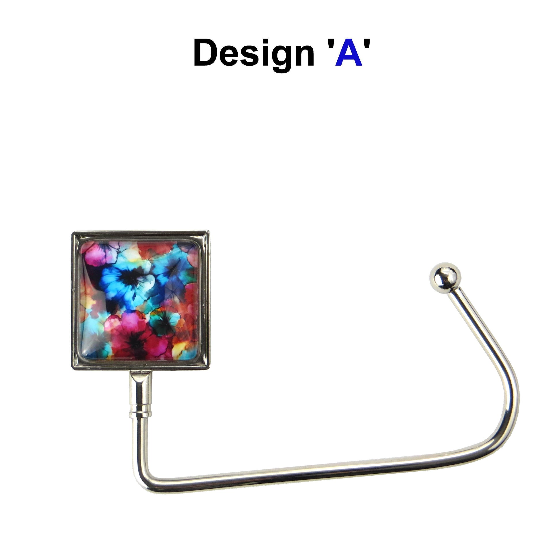 Handbag hook with glass domed image for hanging accessories on tables, ledges, and shelves