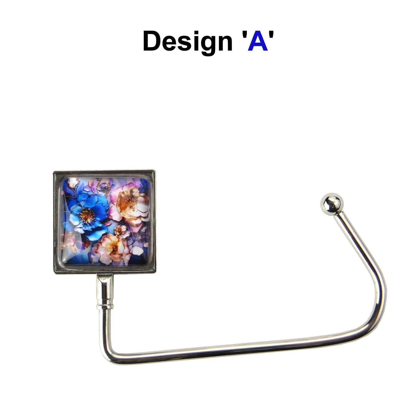 Handbag hook with glass domed image for hanging accessories on tables, ledges, and shelves