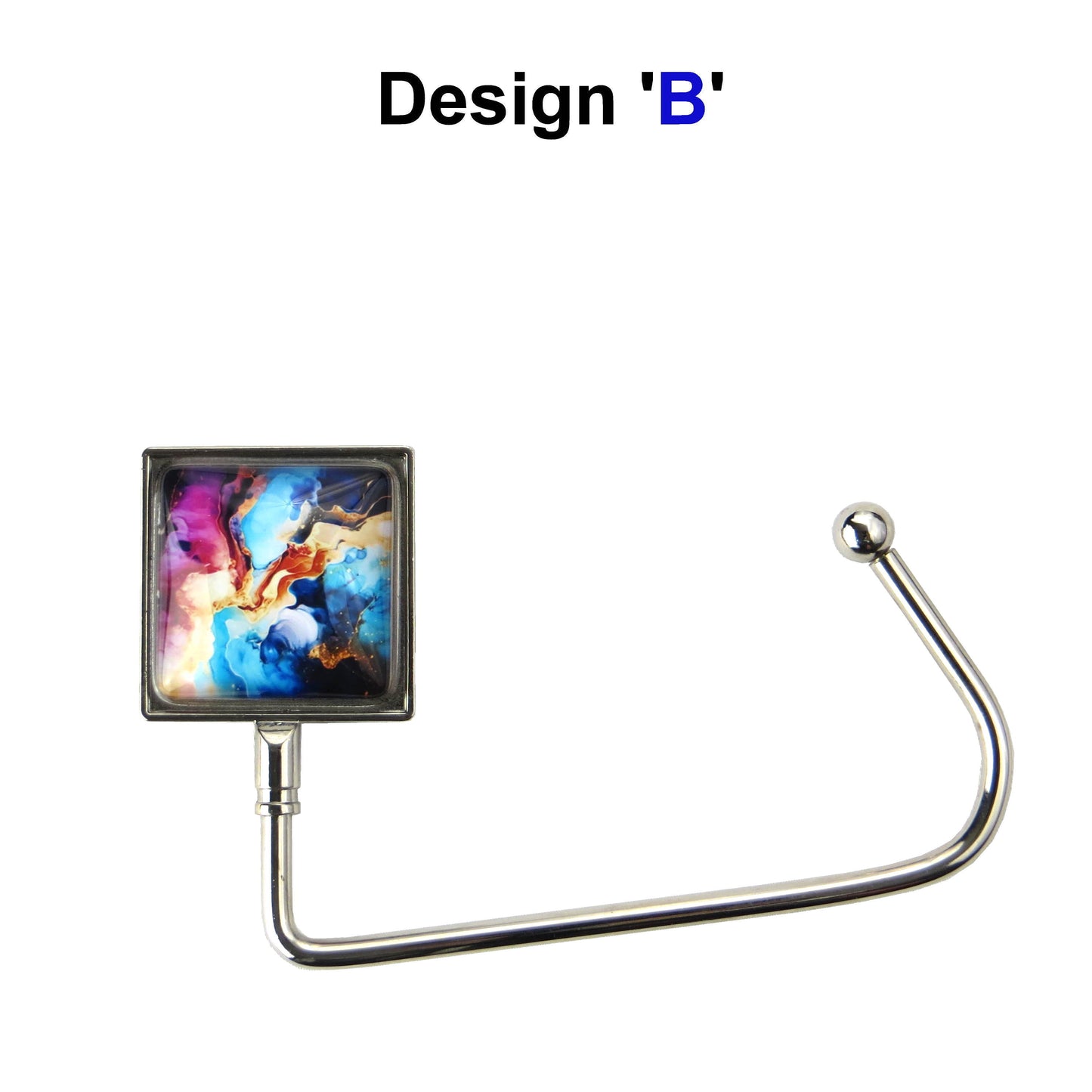 Handbag hook with glass domed image for hanging accessories on tables, ledges, and shelves