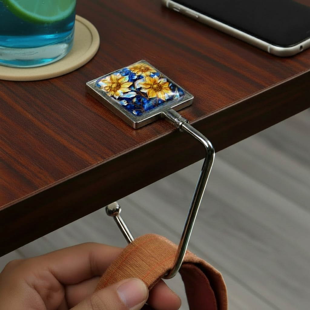 Handbag hook with glass domed image for hanging accessories on tables, ledges, and shelves