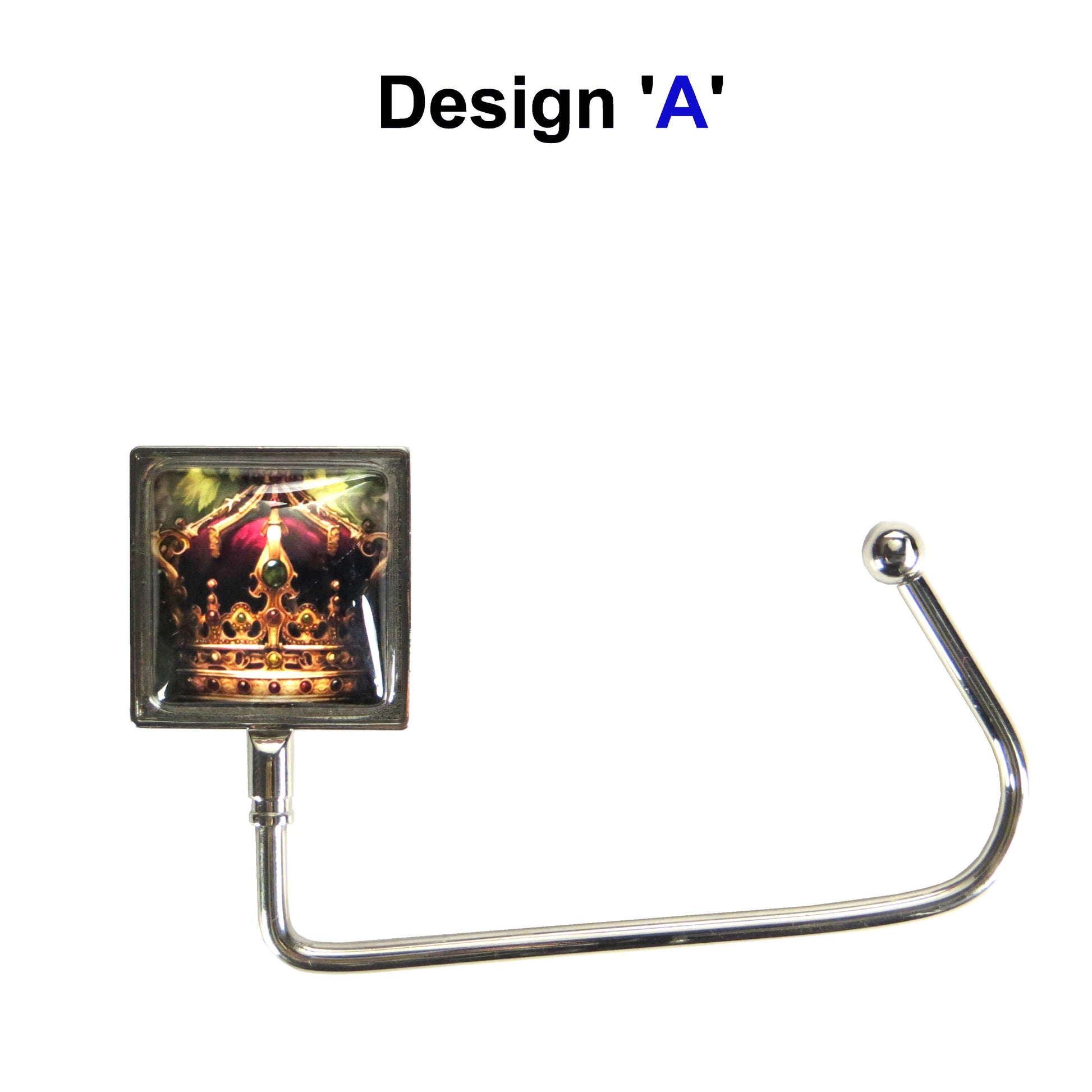 Handbag hook with glass domed image for hanging accessories on tables, ledges, and shelves