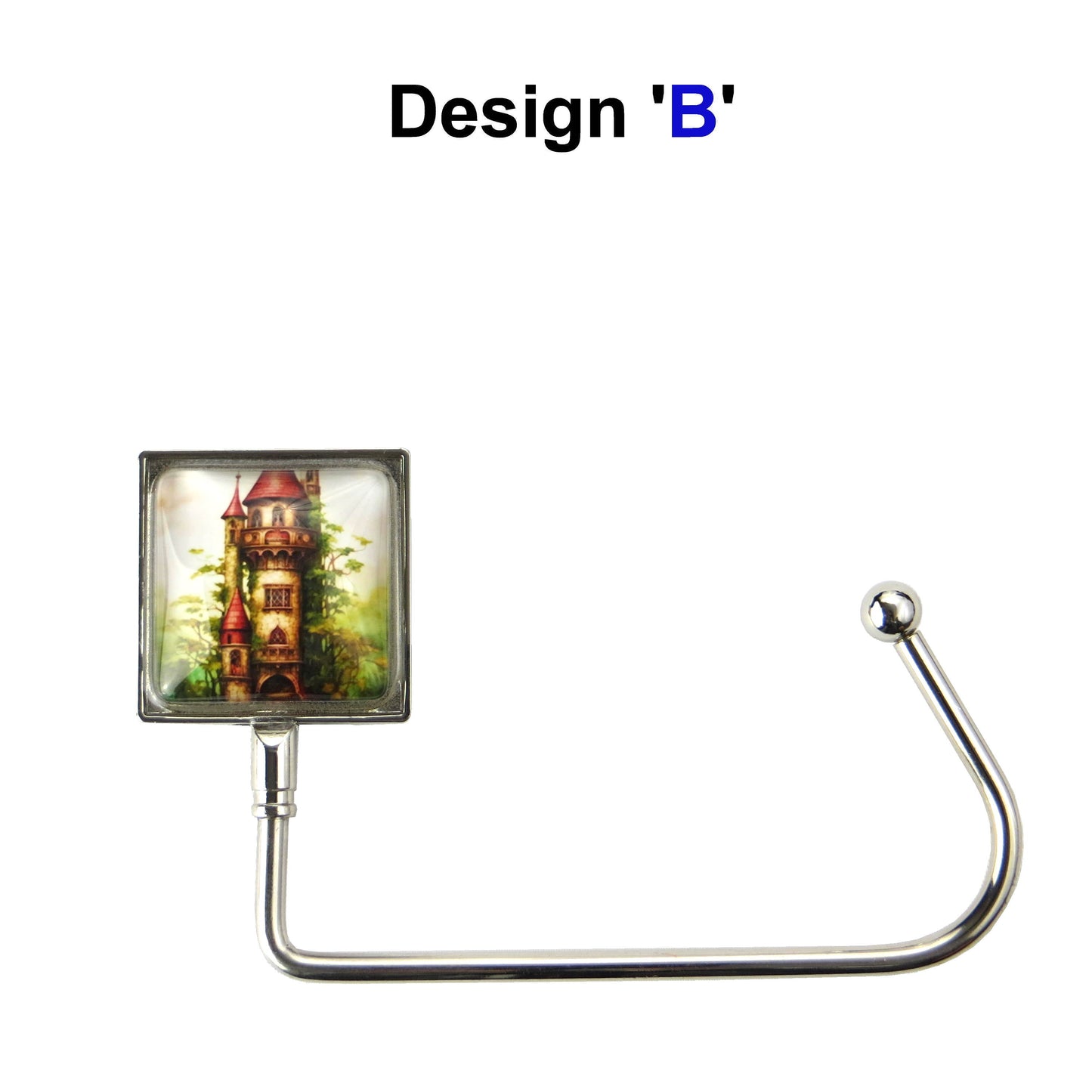 Handbag hook with glass domed image for hanging accessories on tables, ledges, and shelves