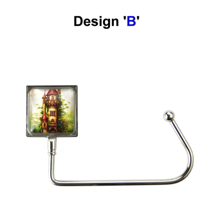 Handbag hook with glass domed image for hanging accessories on tables, ledges, and shelves