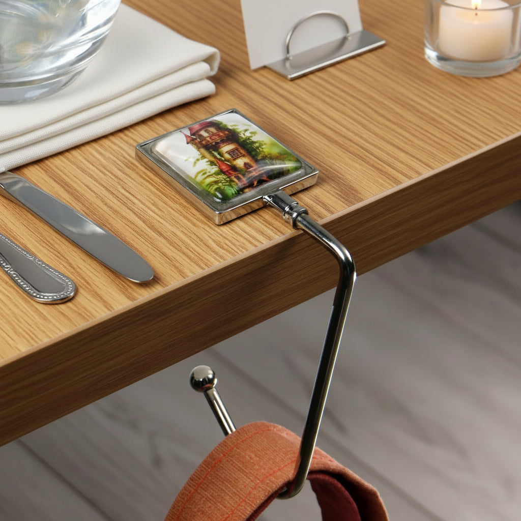 Handbag hook with glass domed image for hanging accessories on tables, ledges, and shelves