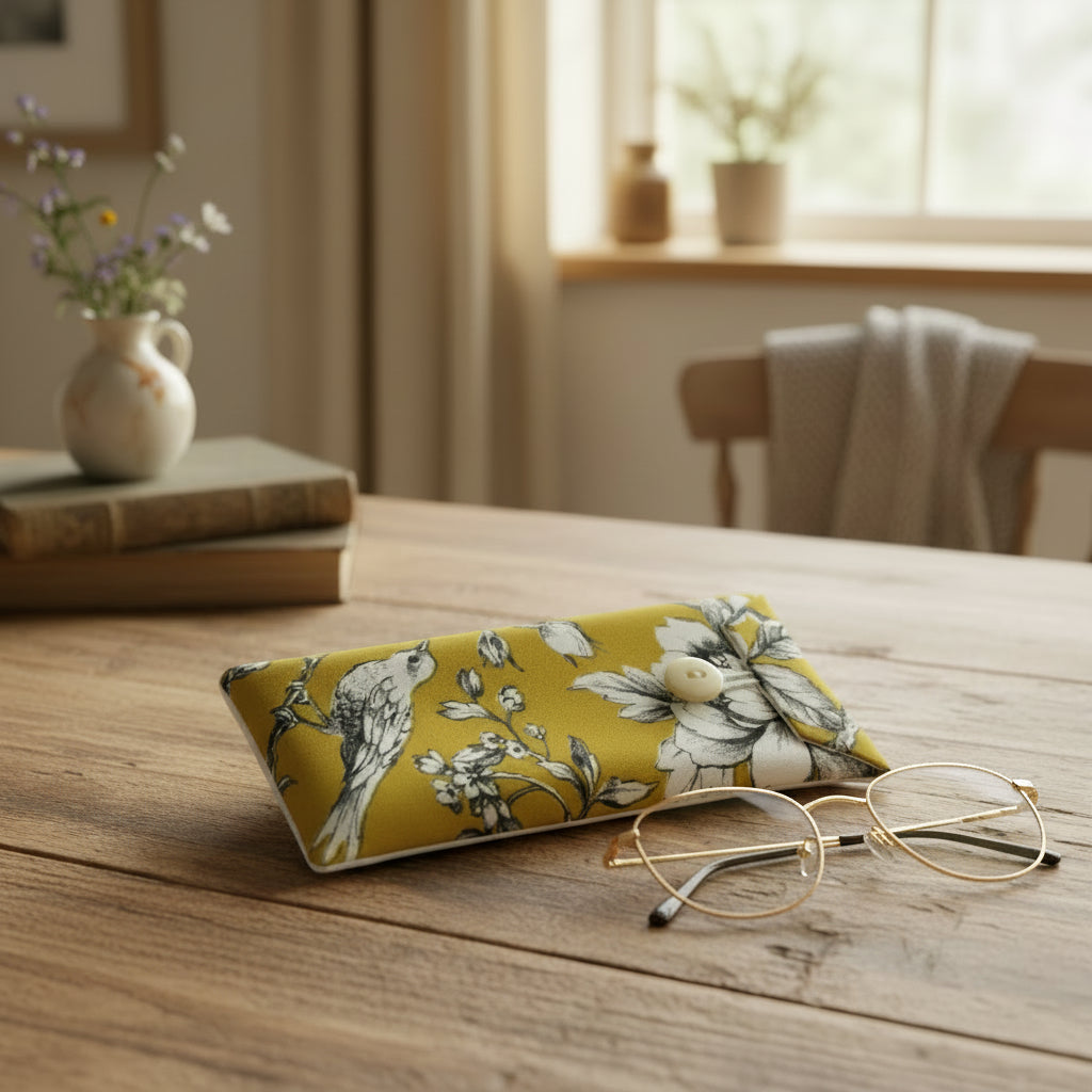 Soft padded eyeglass pouch with eyeglasses on a dining table in a cottage