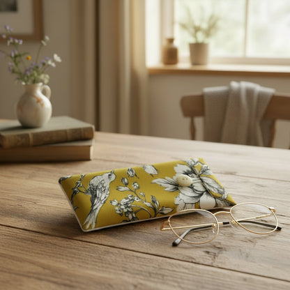 Soft padded eyeglass pouch with eyeglasses on a dining table in a cottage