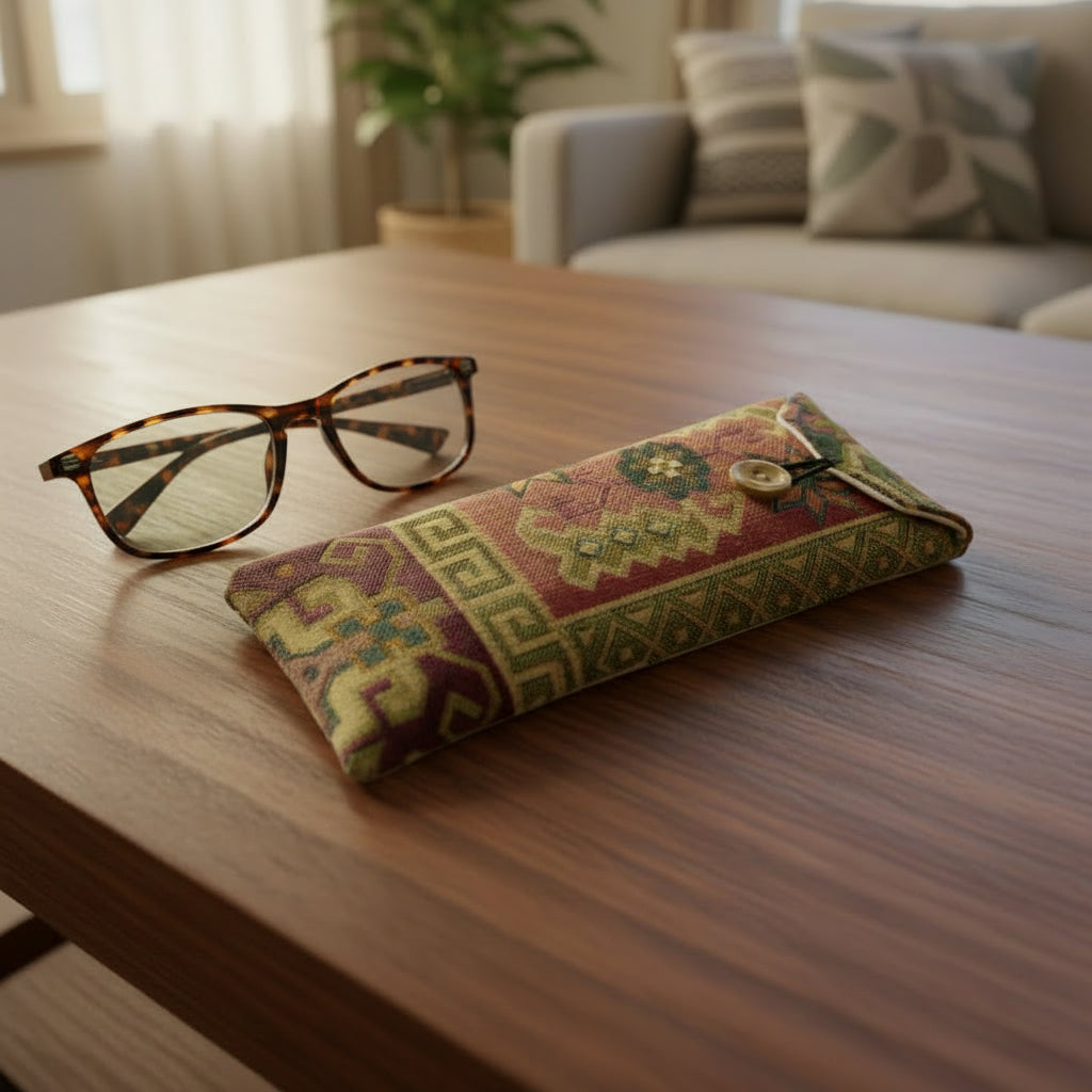 Soft padded eyeglass pouch and eyeglasses on a coffee table in a modern decorated living room