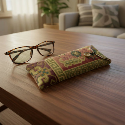 Soft padded eyeglass pouch and eyeglasses on a coffee table in a modern decorated living room
