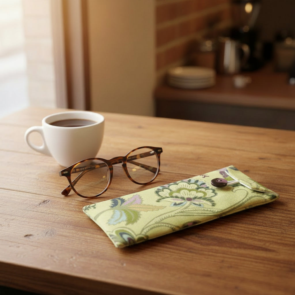 Soft padded eyeglass pouch, eyeglasses, and coffee cup sitting on a wood table in a coffee shop