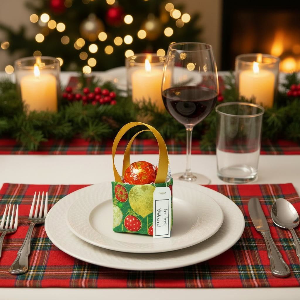 Small tote bag style bonbonniere with treat sitting on a place setting on a Christmas themed dining table