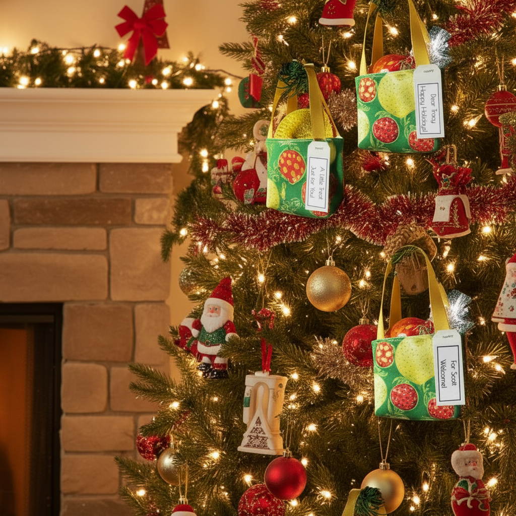 Small tote bag style Christmas decorations filled with treats hanging on a Christmas tree