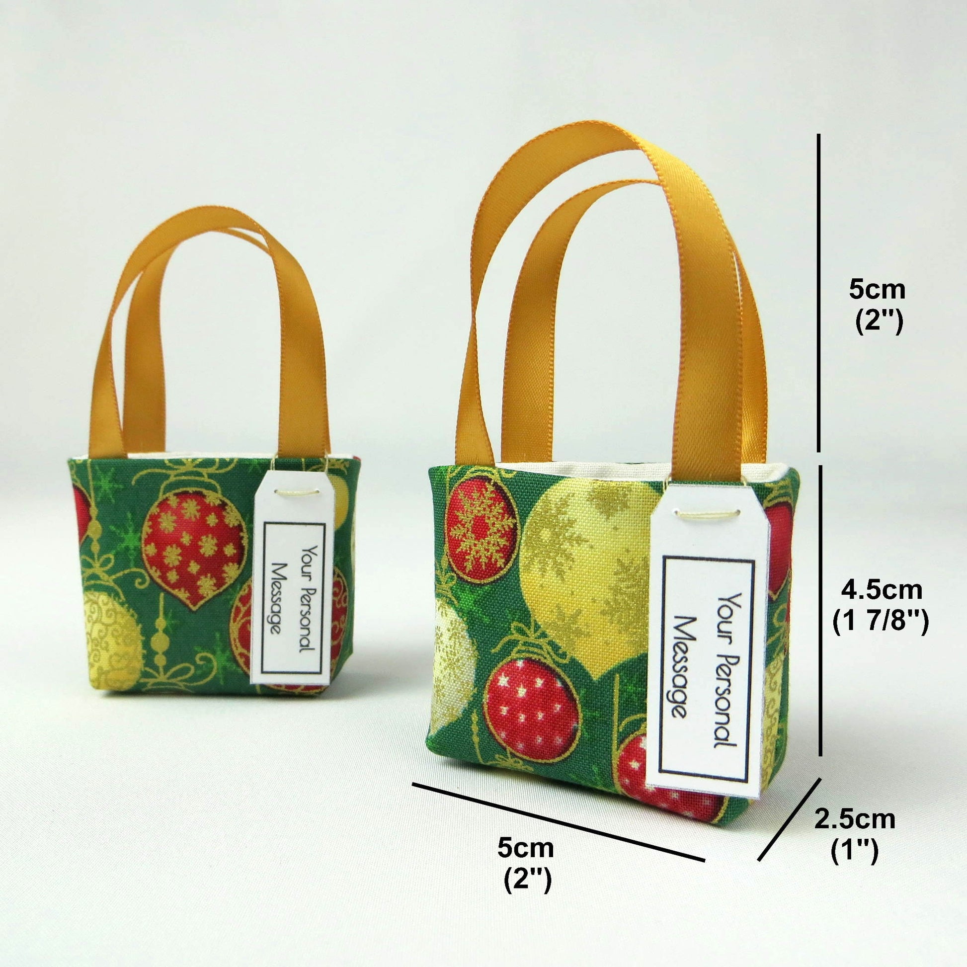 Pair of miniature fabric tote bag style decorations with product details