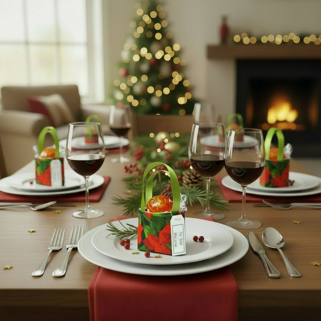 Small tote bag style bonbonniere with treat sitting on a place setting on a Christmas themed dining table
