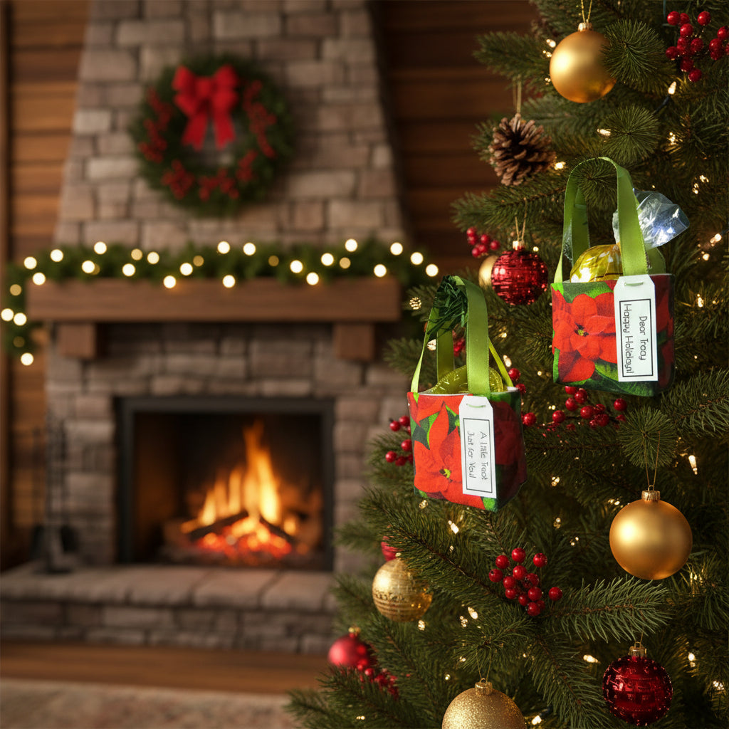 Small tote bag style Christmas decorations filled with treats hanging on a Christmas tree