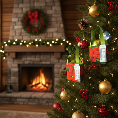 Small tote bag style Christmas decorations filled with treats hanging on a Christmas tree