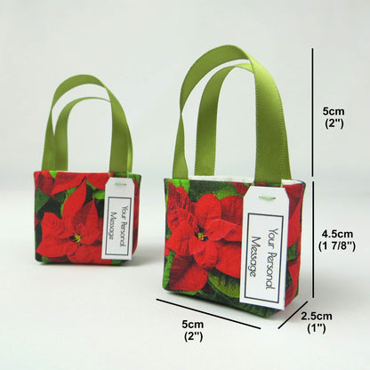 Pair of miniature fabric tote bag style decorations with product details