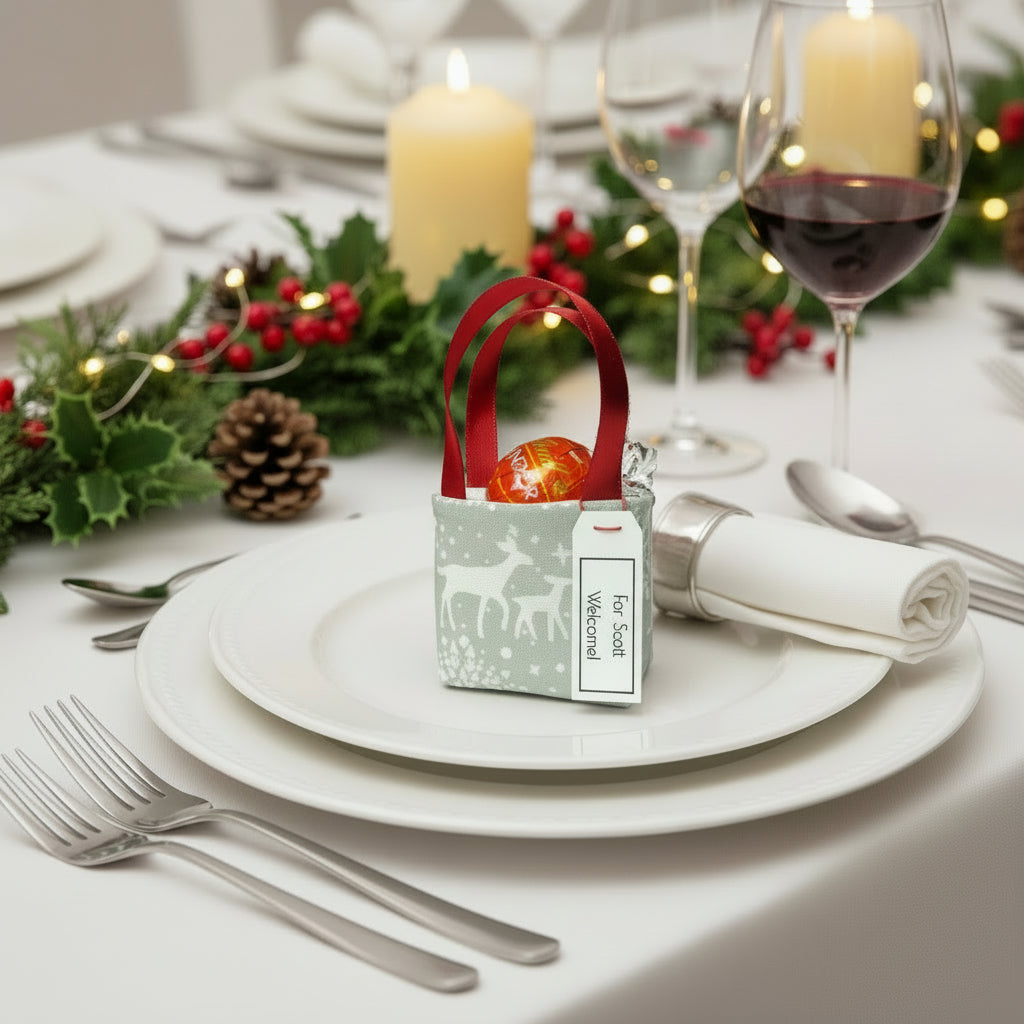 Small tote bag style bonbonniere with treat sitting on a place setting on a Christmas themed dining table