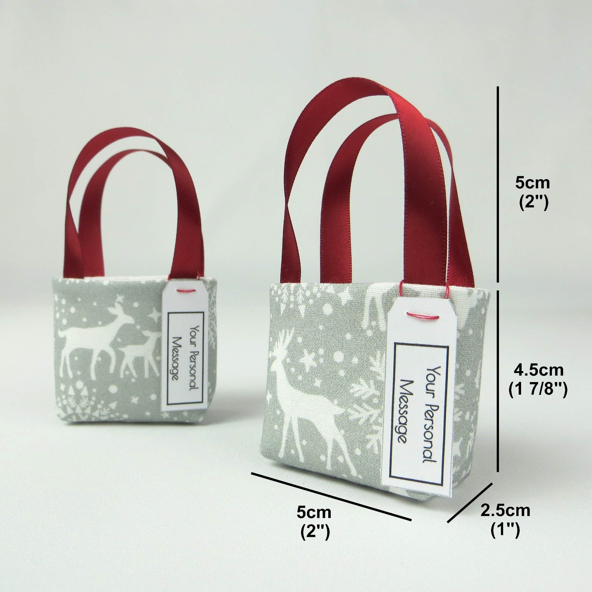 Pair of miniature fabric tote bag style decorations with product details