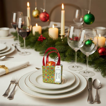 Small tote bag style bonbonniere with treat sitting on a place setting on a Christmas themed dining table