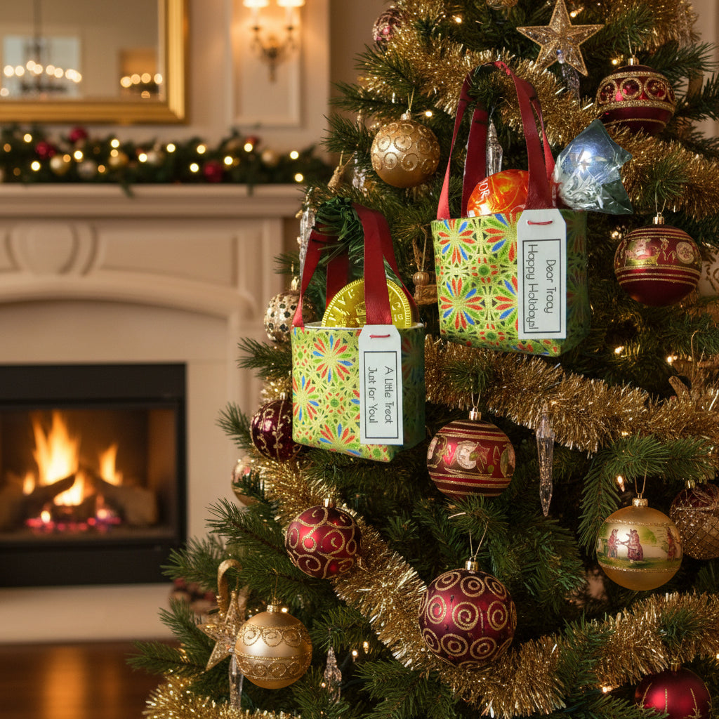 Small tote bag style Christmas decorations filled with treats hanging on a Christmas tree