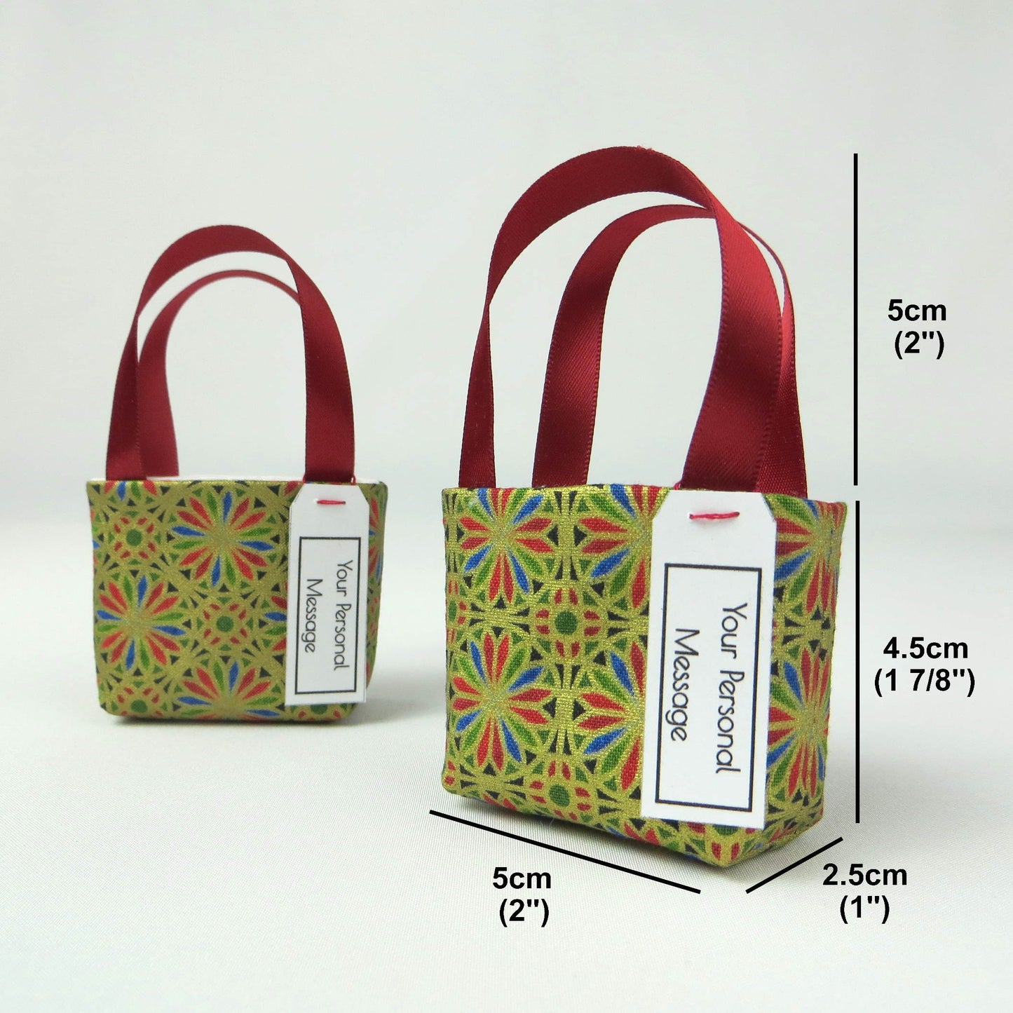 Pair of miniature fabric tote bag style decorations with product details