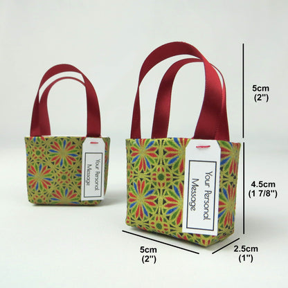 Pair of miniature fabric tote bag style decorations with product details