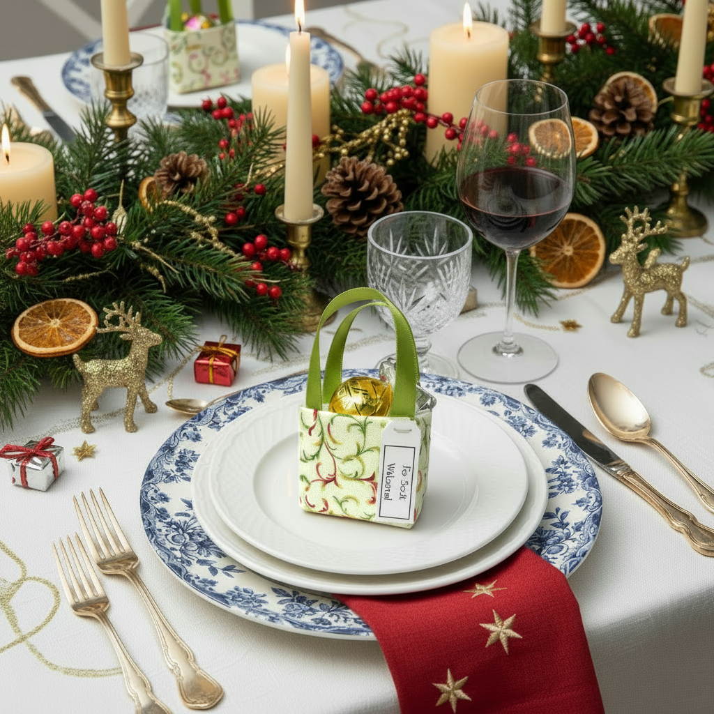 Small tote bag style bonbonniere with treat sitting on a place setting on a Christmas themed dining table