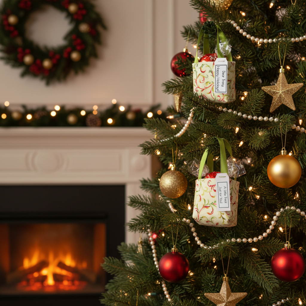 Small tote bag style Christmas decorations filled with treats hanging on a Christmas tree