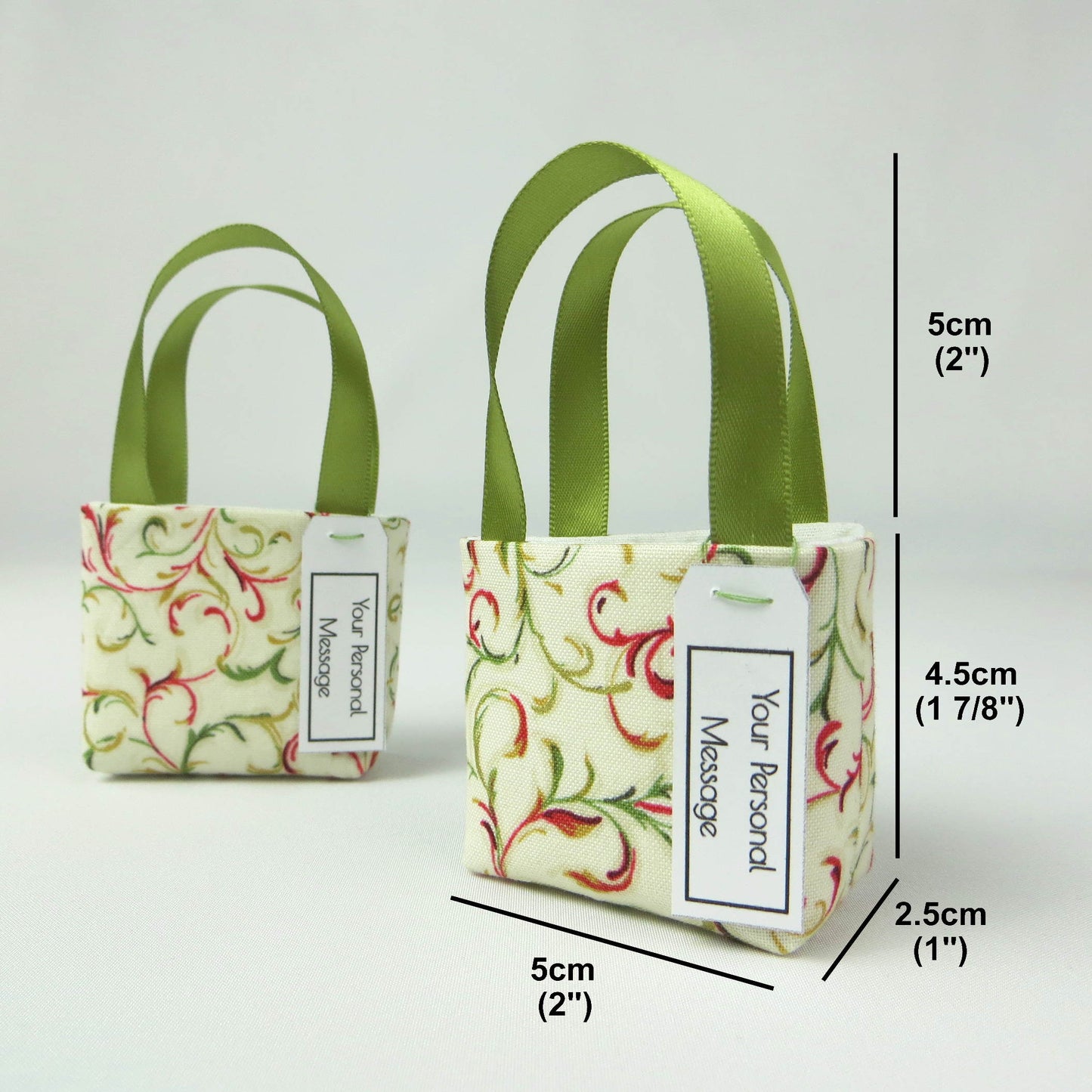 Pair of miniature fabric tote bag style decorations with product details