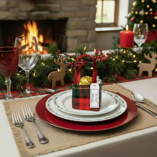Small tote bag style bonbonniere with treat sitting on a place setting on a Christmas themed dining table