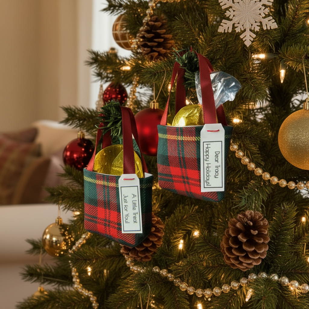 Small tote bag style Christmas decorations filled with treats hanging on a Christmas tree