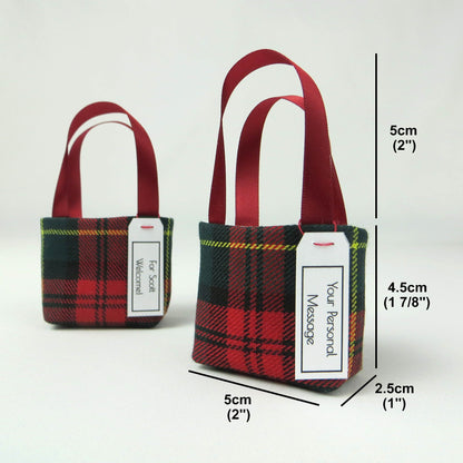 Pair of miniature fabric tote bag style decorations with product details