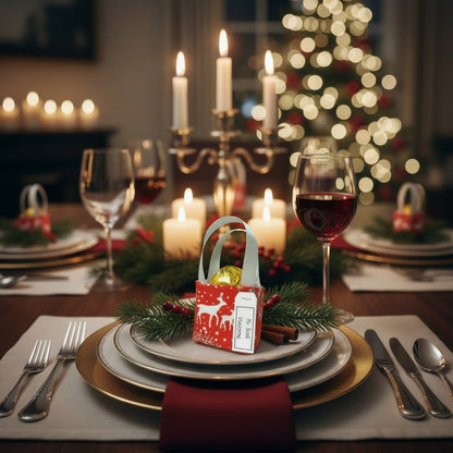 Small tote bag style bonbonniere with treat sitting on a place setting on a Christmas themed dining table