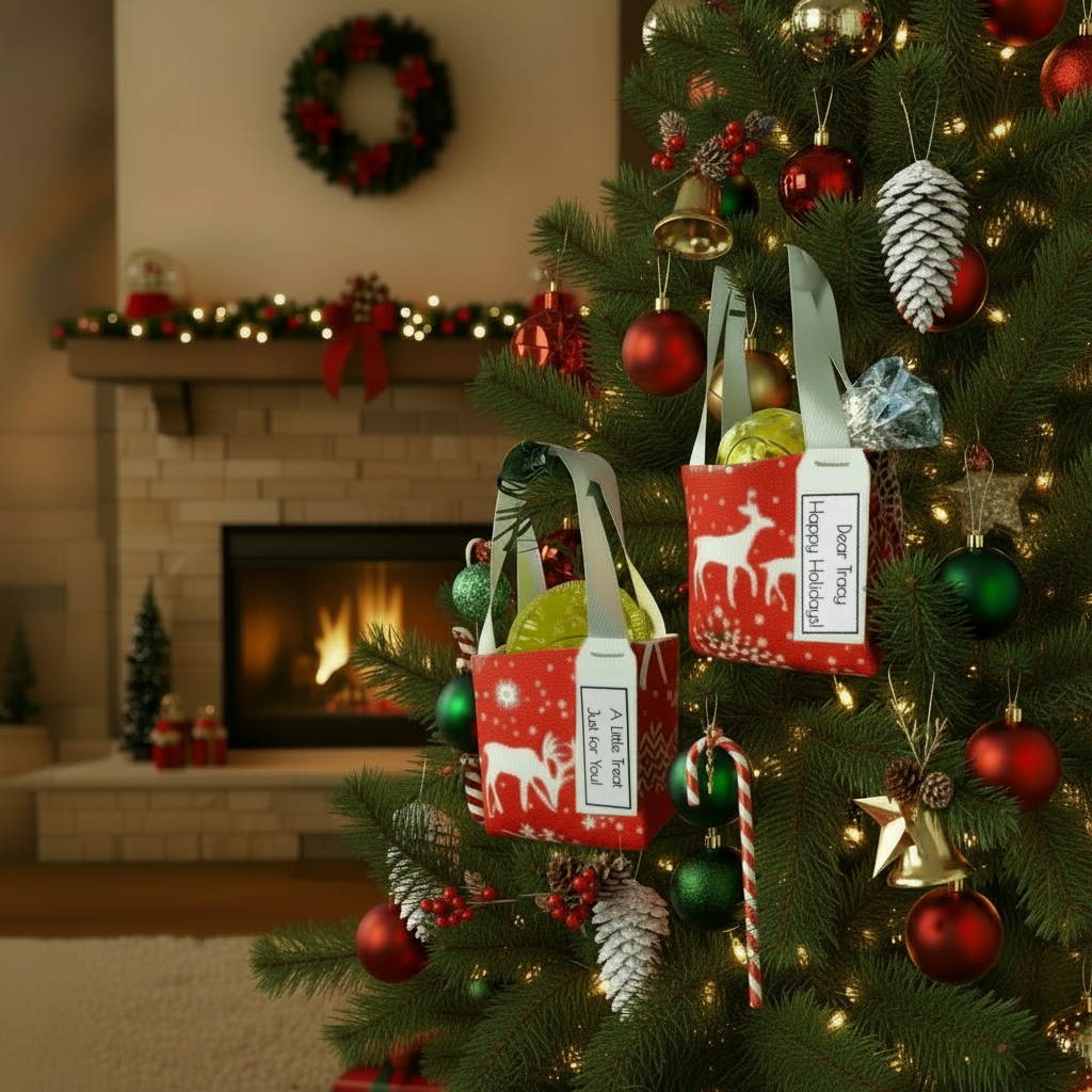 Small tote bag style Christmas decorations filled with treats hanging on a Christmas tree