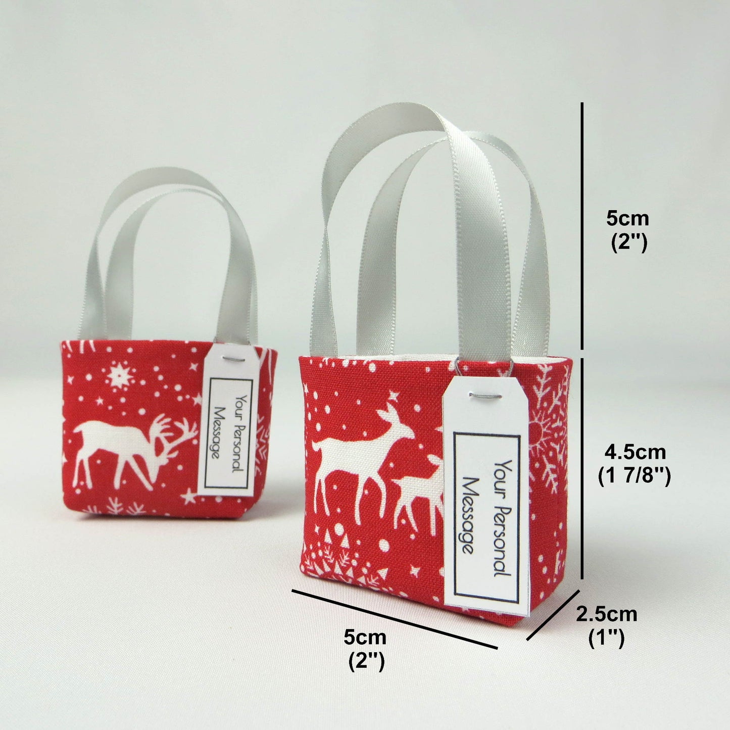 Pair of miniature fabric tote bag style decorations with product details
