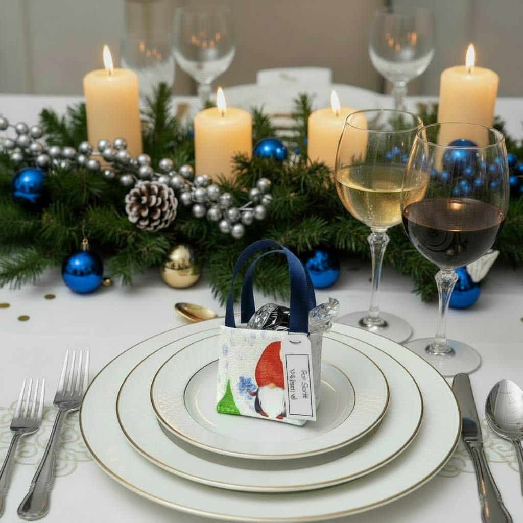 Small tote bag style bonbonniere with treat sitting on a place setting on a Christmas themed dining table