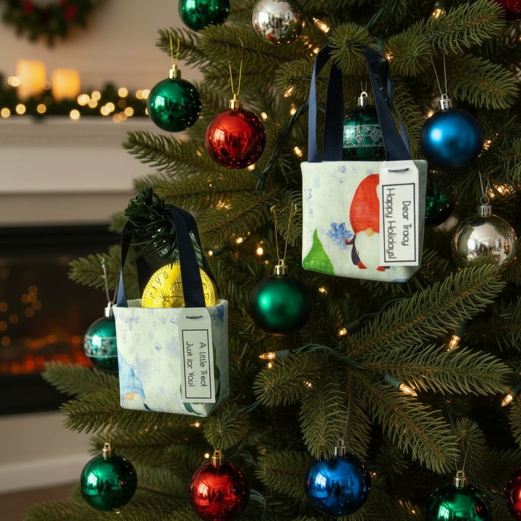 Small tote bag style Christmas decorations filled with treats hanging on a Christmas tree