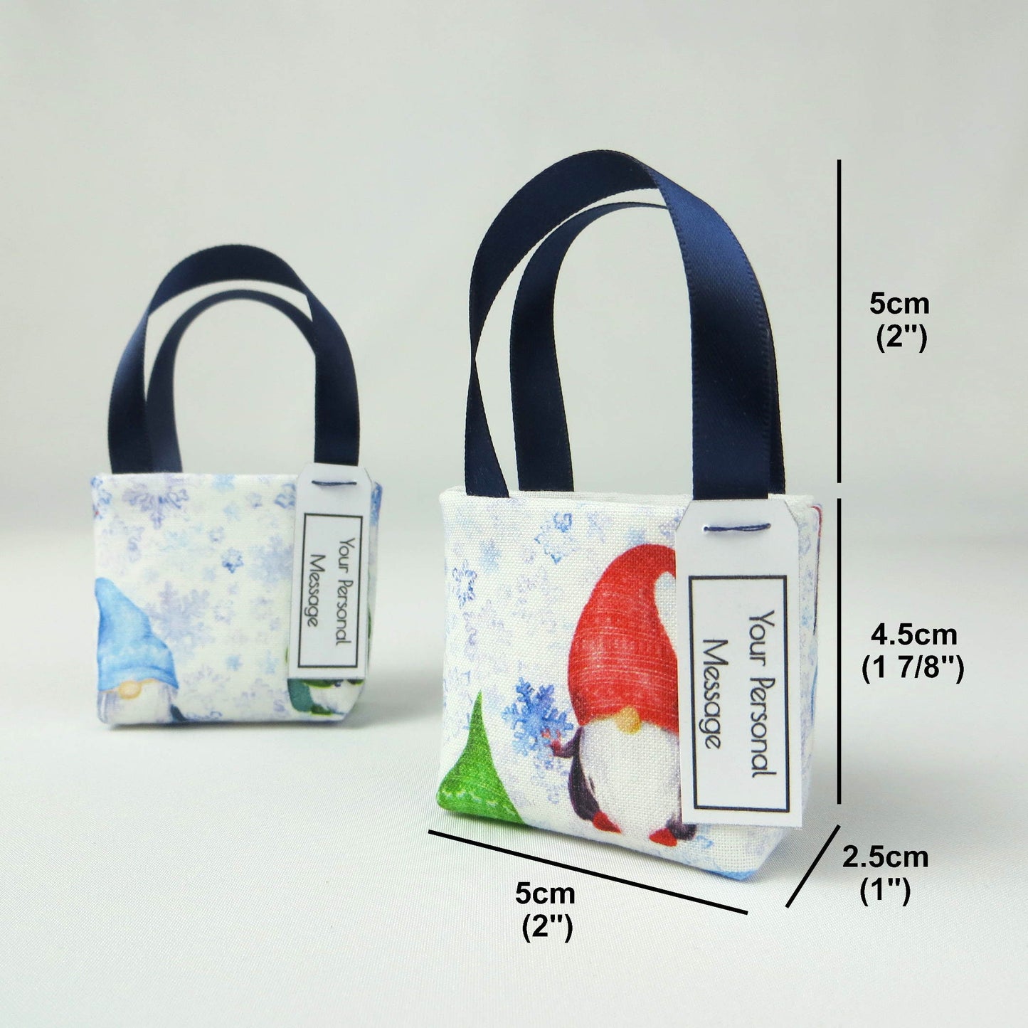 Pair of miniature fabric tote bag style decorations with product details