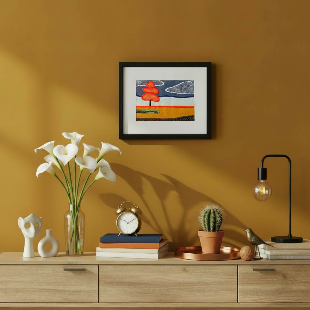 Framed fabric artwork hanging on a yellow wall with a contemporary console table with lamp, vase, and books in a modern home