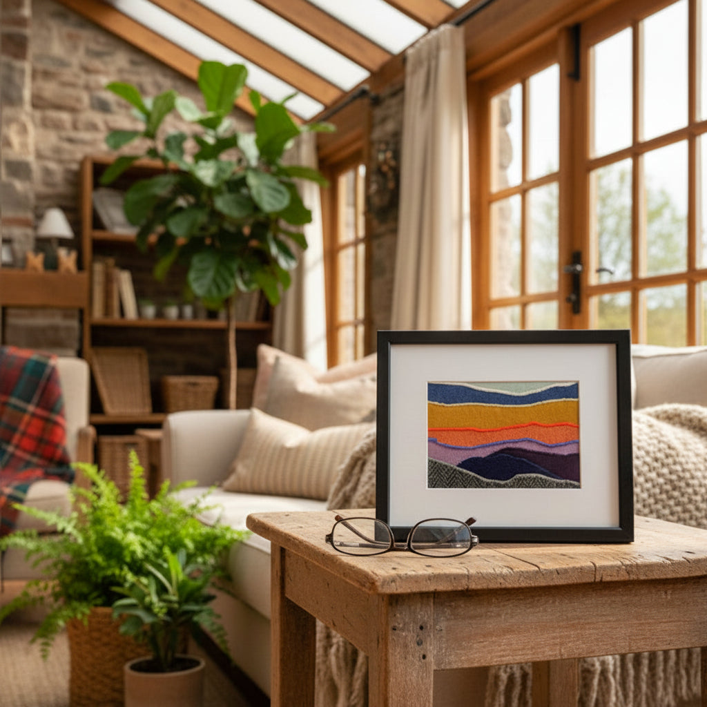 Framed fabric artwork sitting on a side table in a countryside cottage living room