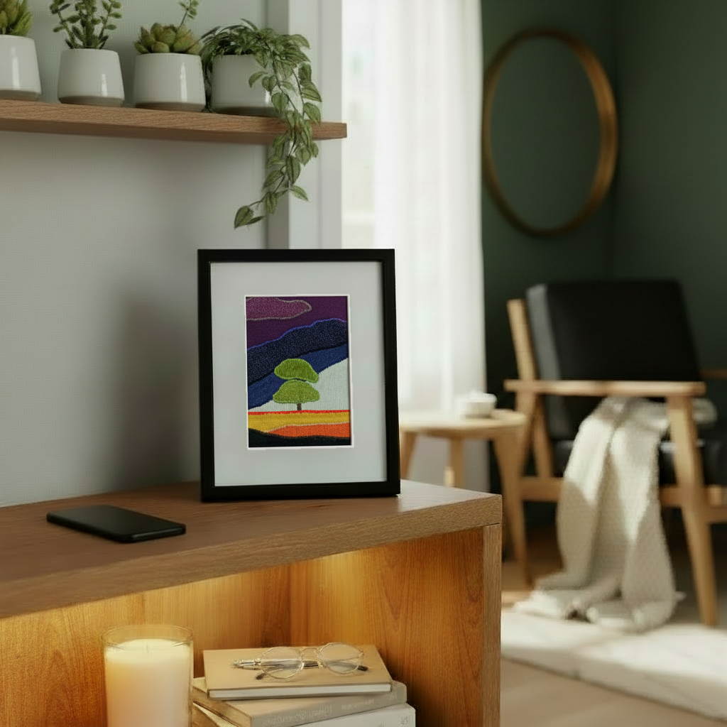 Framed fabric artwork sitting on a console table in a contemporary living room