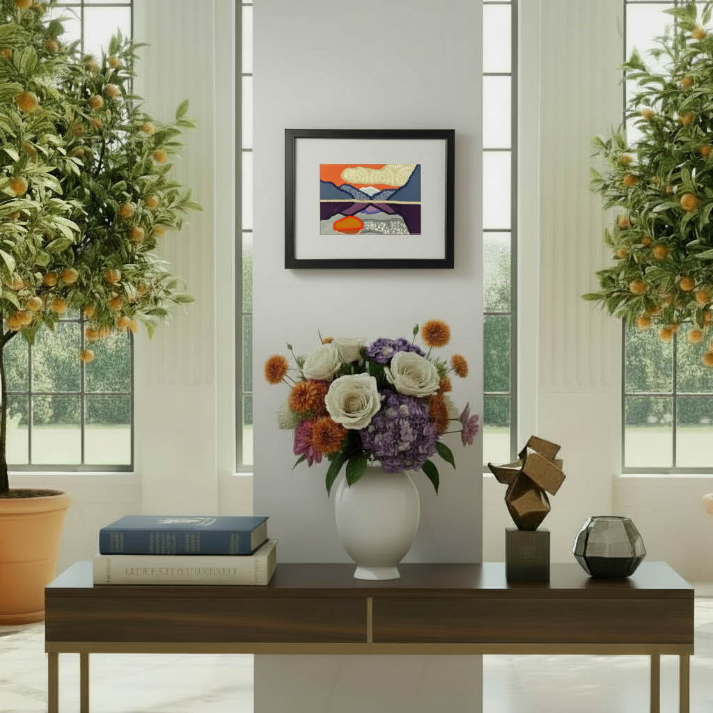 Framed fabric art with a mountain and lake scene