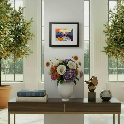 Framed fabric art with a mountain and lake scene