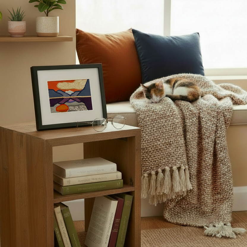 Framed fabric artwork sitting on a side table in a modern living room with window bench and cat