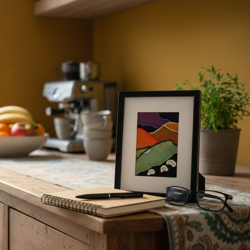 Framed fabric artwork sitting on a kitchen counter with notebook, pen, and eyeglasses in a countryside home