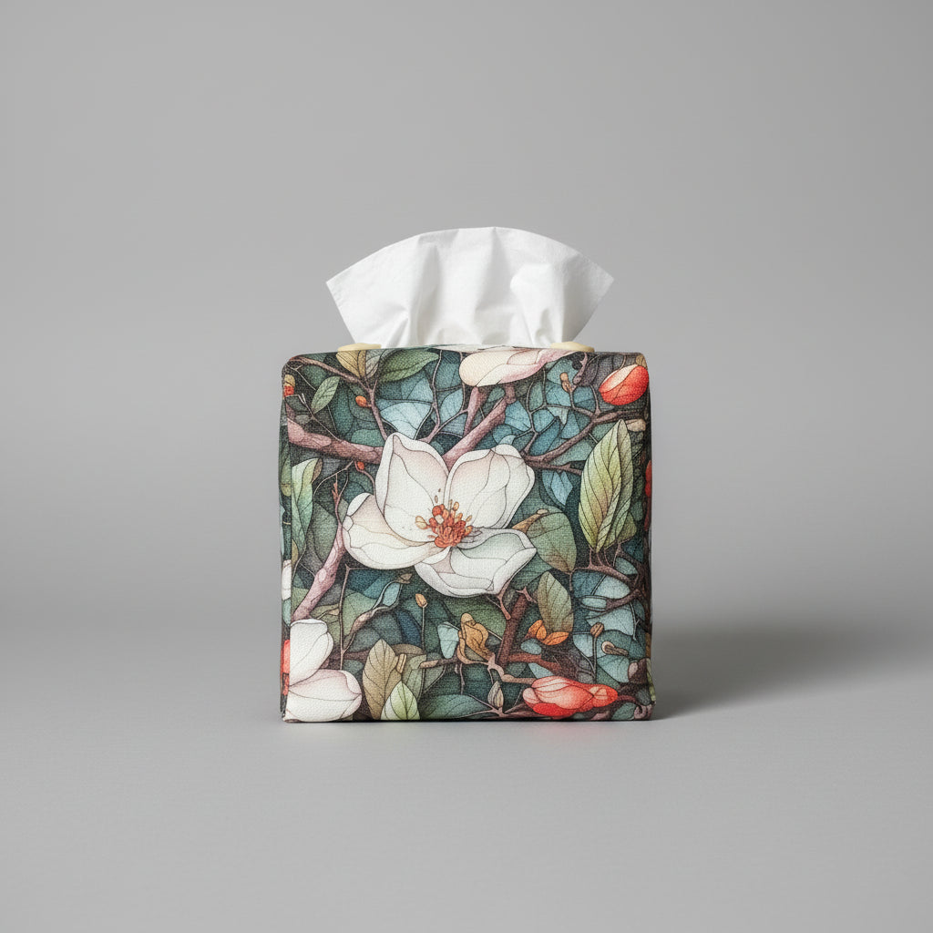 Square tissue box cover with magnolia blossoms and vines on linen fabric